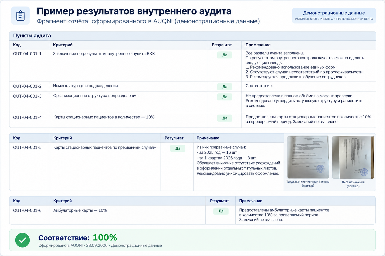 Пример отчёта AUQNI с демонстрационными данными